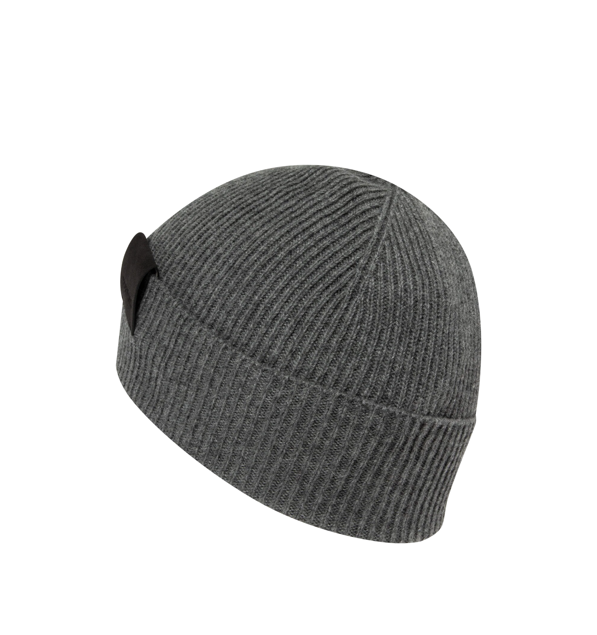 Image 2 of 2 - GREY - Tom Ford Men's Ribbed Cashmere Beanie Hat is crafted from a soft cashmere ribbed knit and features a foldover cuff accented with a leather tab embossed with the signature TF monogram. This designer knit beanie combines timeless cold-weather styling with refined detailing for elevated everyday wear. Main Material: Ribbed Knit. Trim: Leather. Made in Italy. 