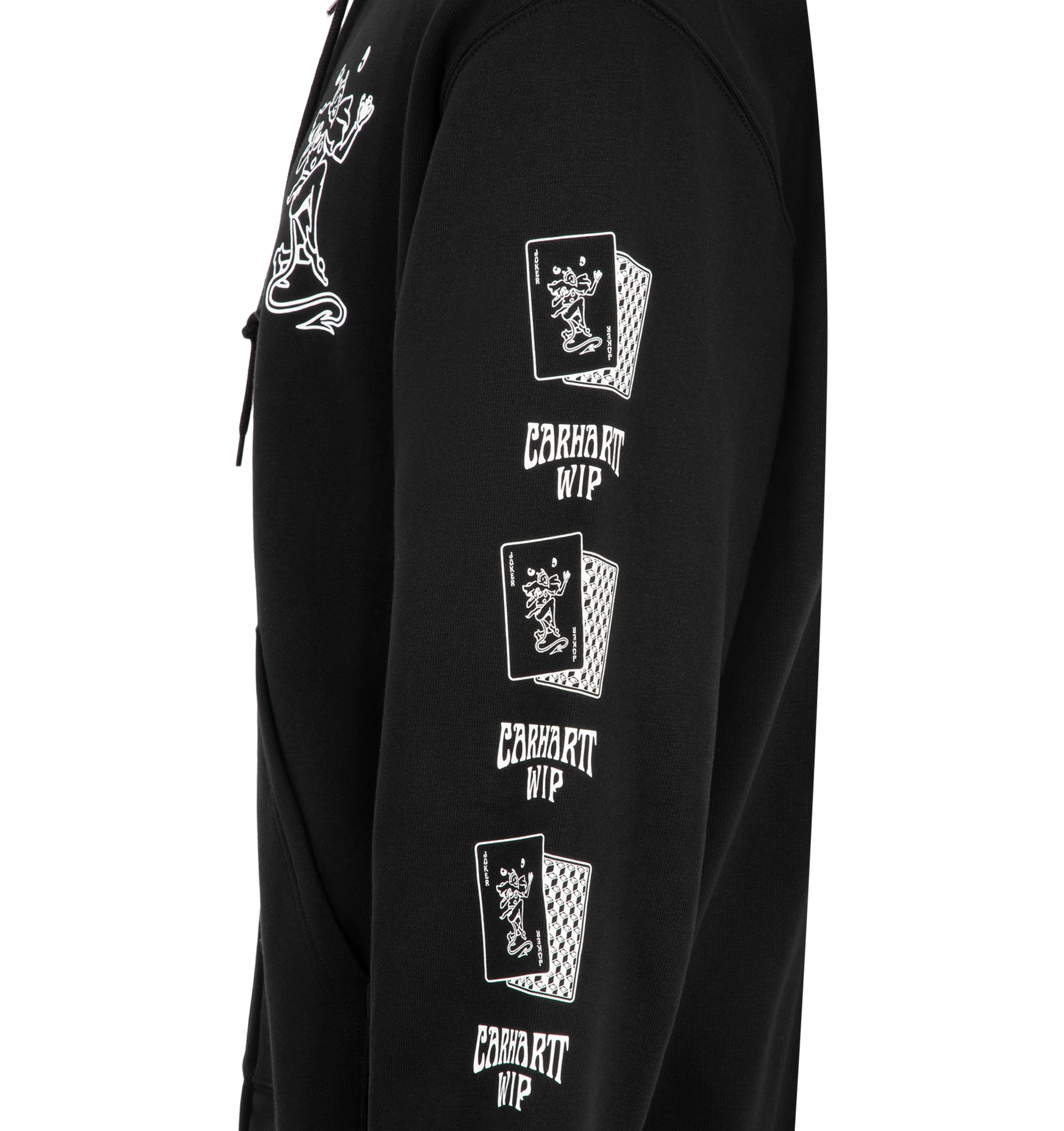 Image 3 of 3 - BLACK - Carhartt WIP Men's Hooded Playing Cards Jacket is crafted from heavyweight brushed cotton-blend jersey and features a balloon fit with dropped shoulders, an adjustable hood, a kangaroo pocket, and graphic Playing Cards prints across the chest and sleeves. This designer hooded sweatshirt combines premium fleece-backed comfort with bold seasonal artwork, creating a relaxed everyday essential with a contemporary streetwear aesthetic. Main Material: 80% Cotton, 20% Polyester (425 gsm). Fi