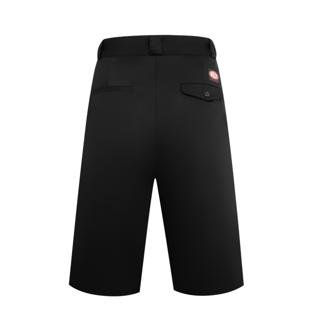 Image 2 of 3 - BLACK - WILLY CHAVARRIA Borracho Pleated-Waist Cotton Blend Shorts featuring button-fly fastening at front, wide leg, structured waist, belt loops, pleated waist, two slip pockets at front, one welt pocket at back, one buttoned flap pocket a back and embroidered brand patch at back. 65% polyester, 35% cotton. Lining 100% cotton. Made in Italy.