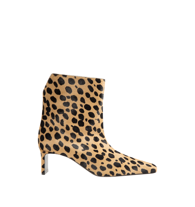 Image 1 of 4 - BROWN - KHAITE Ona Ankle Boot featuring a distinctively notched back, square-toed, ankle boot, playfully printed haircalf, sleek blade heel and tonal outsole. Heel height: 2.2 in. 100% baby calf. Made in Italy.