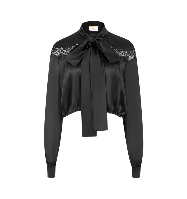 Image 1 of 2 - BLACK - SAINT LAURENT Satin Blouse featuring cropped lavallire blouse made with certified silk, a lace yoke insert, elasticized hem, bishop sleeves, front button closure, lavallire collar and one-button mitered cuffs. 100% silk. Made in Italy.