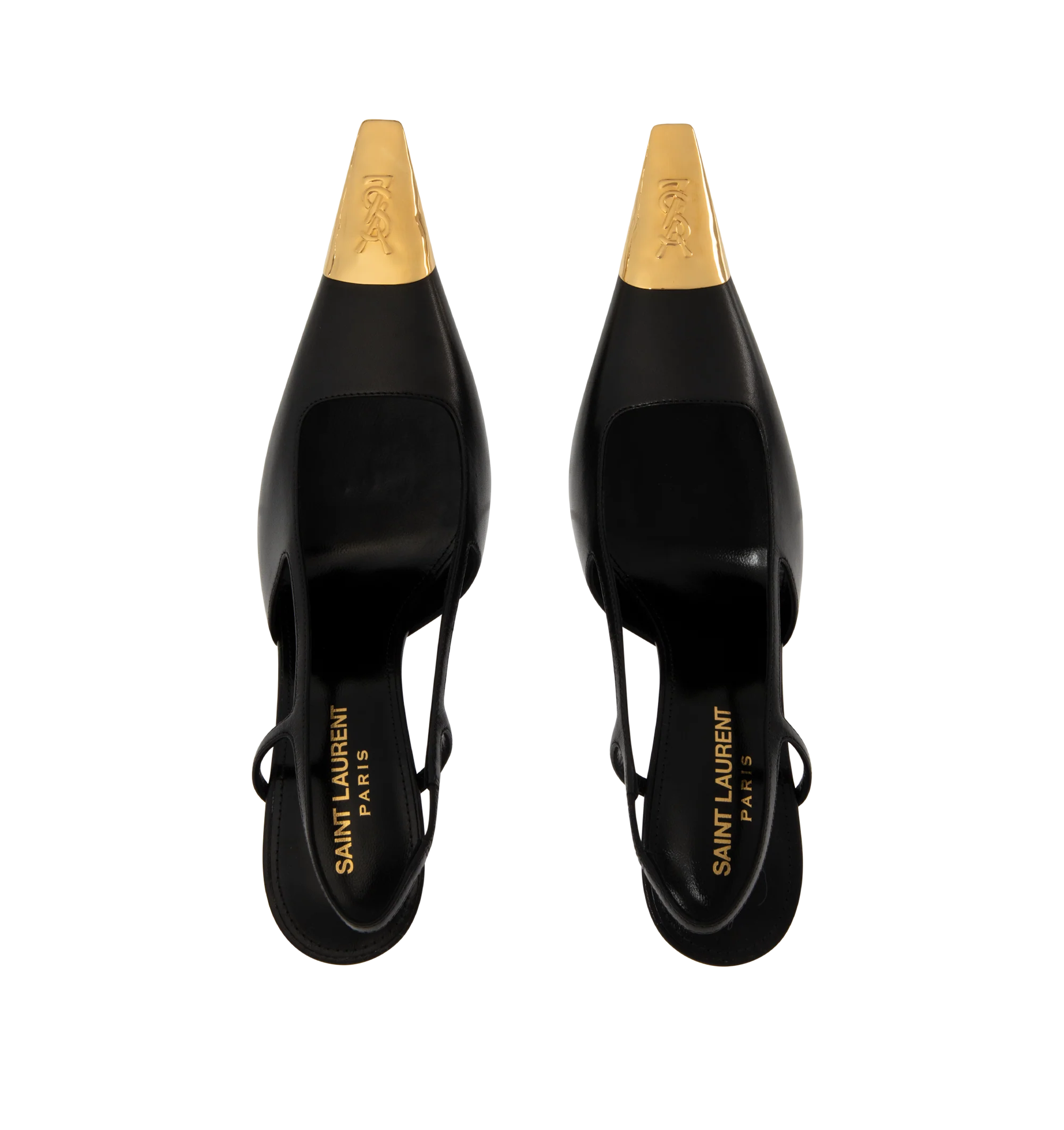 Image 4 of 4 - BLACK - Saint Laurent Womens Slingback Pumps are crafted from lambskin leather. Feature a square pointed metal cap toe with signature Cassandre martel hardware, square-cut vamp, elasticized slingback strap, stiletto heel, and leather sole. Main Material: Lambskin Leather; Hardware: Brass; Sole: Leather. Total Heel Heught: 11 cm / 4.3 inches. Made in Italy. 