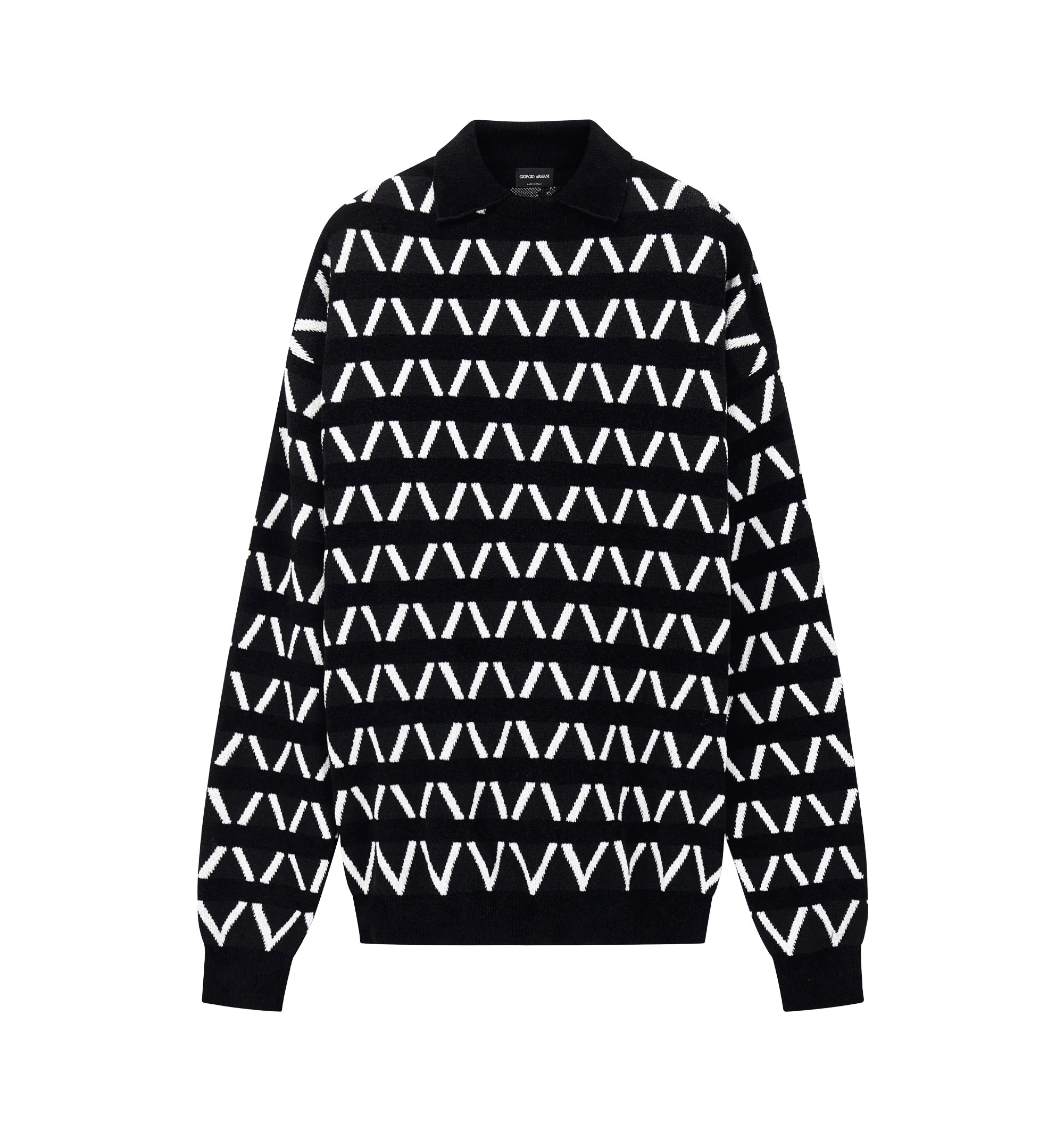 Image 1 of 1 - BLACK - Giorgio Armani Men's Oversized Jacquard Sweater is crafted from a luxurious virgin wool blend and features an oversized silhouette and a geometric woven pattern. Main Material: 60% virgin wool, 27% viscose, 7% polyamide, 6% cotton. Hems: 50% viscose, 43% polyamide, 7% elastane. Made in Italy.