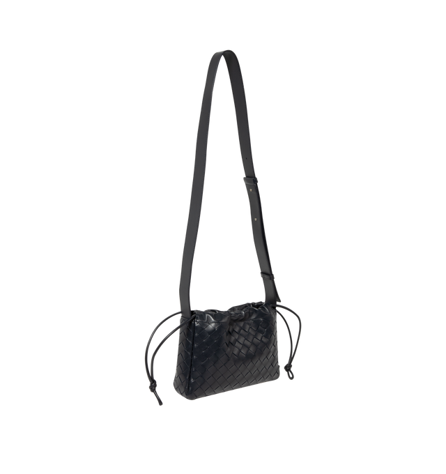 Image 2 of 3 - BLACK - Bottega Veneta Men's Dustbag Bike Pouch is crafted in Intrecciato calf leather with drawstring closure and adjustable cross-body strap with one main compartment. Drawstring and magnetic closure, Adjustable cross-body strap, Hardware: Silver finish, Lining: Nylon. Made in: Italy