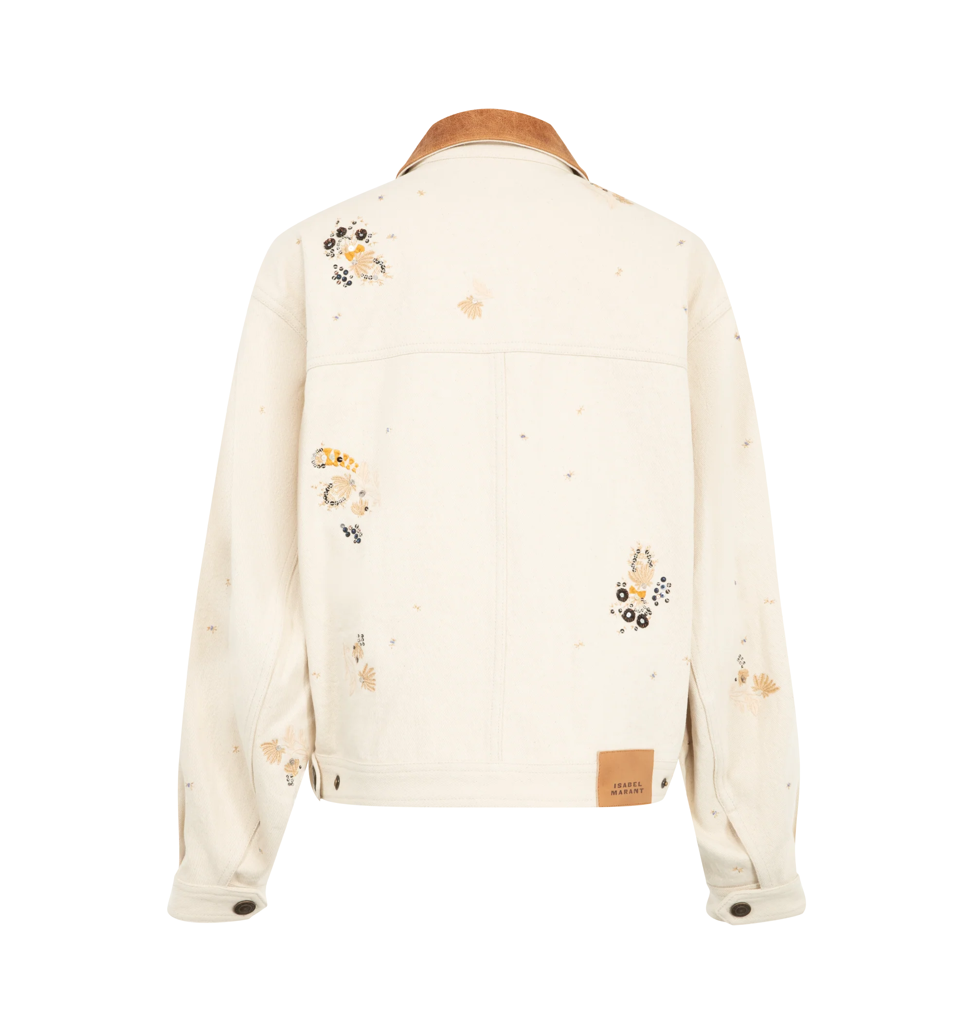 Image 2 of 3 - NEUTRAL - Isabel Marant Women's Lavine Barn Jacket is crafted from ecru cotton denim and features allover floral embroidery and sequin embellishments. The relaxed silhouette is finished with a contrasting crinkled-leather spread collar, front button closure, and welt pockets. Main Material: 100% Cotton. Trim: Leather.