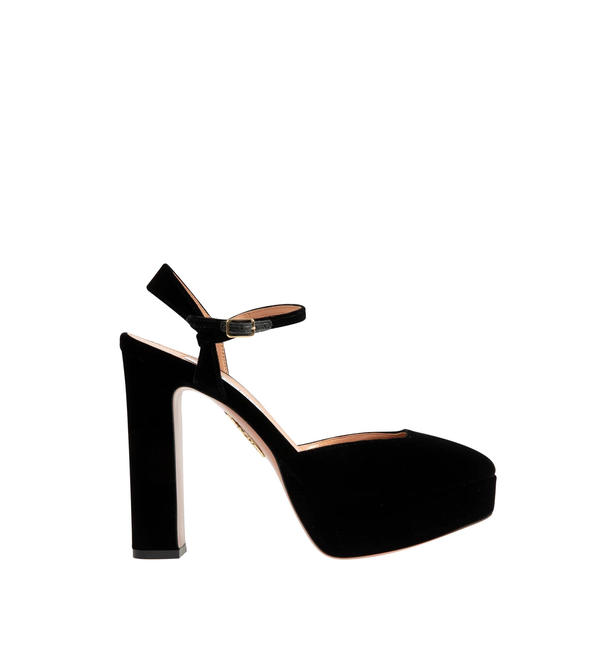 Image 1 of 4 - BLACK - Aquazzura Women's Amira 110 Suede Platform Pumps are crafted from smooth suede and feature a minimalist silhouette with an almond-shaped toe and open back. Designed with a secure ankle strap, these designer pumps are set on a 110mm heel balanced by a platform for added height and stability. Upper: Suede Leather. Insole: Leather. Sole: Leather. Heel Height: 110 mm / 4.3 in. Details: Platform, Ankle Strap, Open Back. Made in Italy.