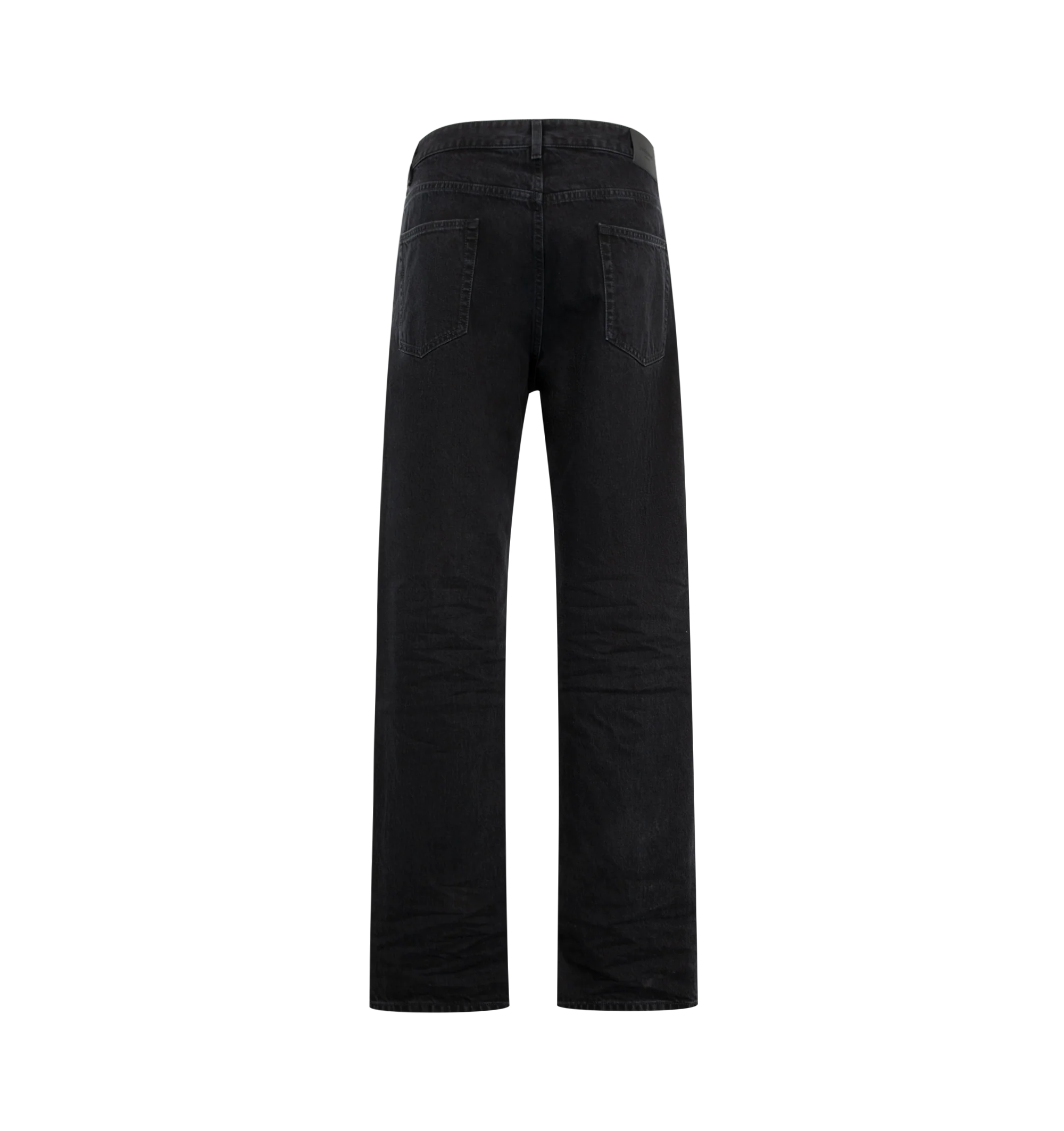 Image 2 of 3 - BLACK - Saint Laurent Men's Relax Tapered Jeans are crafted from pure cotton denim with a washed black finish that creates a naturally worn-in appearance and added depth of color. Designed with a relaxed fit that tapers toward the hem, these designer jeans feature classic five-pocket construction, belt loops, a front button closure, and a Saint Laurent Paris embossed leather logo patch at the back waistband. Main Material: 100% Cotton. Fit: Relaxed Tapered. Closure: Button Front. Pockets: Fiv 
