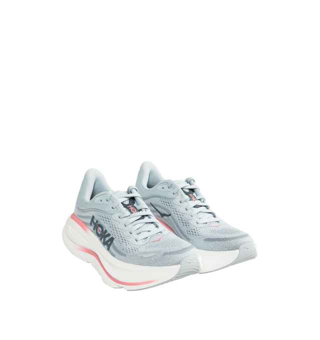 Image 2 of 5 - GREY - HOKA W Bondi 9 Sneaker featuring performance mesh upper, cushioned collar and tongue, removable contoured insole, supportive midsole, textile lining, lace-up closure, round toe and rubber sole. 