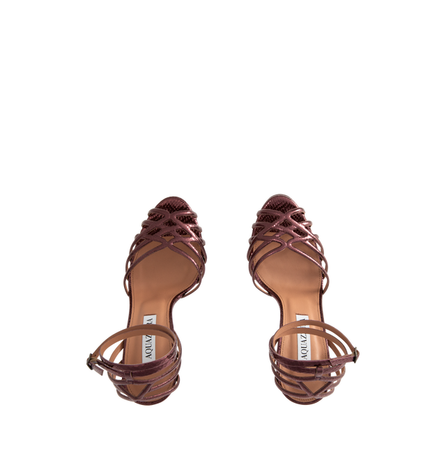 Image 4 of 4 - BROWN - AQUAZZURA Wild Dream Snake-Embossed Metallic Leather Platform Sandals featuring snake-embossed metallic goatskin leather, strappy caged upper, covered block heel, almond-shaped open toe, wraparound adjustable ankle strap, goat leather lining and leather outsole. Heel height: 5.25 in / 130 mm. Made in Italy.  