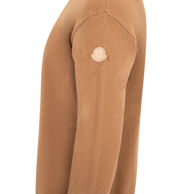 Image 3 of 3 - BROWN - MONCLER Wool  Cashmere Sweater featuring a wool and cashmere blend, crew neck, stockinette stitch, gauge 5 and leather logo patch. 90% virgin wool, 10% cashmere. 