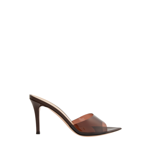 Image 1 of 4 - BROWN - GIANVITO ROSSI Elle Mule featuring an 85mm stiletto heel, pointed-toe style and front upper in soft Plexi for a delicate see-through effect. 100% TPU. Heel height: 3.3 inches / 85 mm.