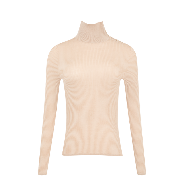Image 1 of 1 - NEUTRAL - Moncler Womens Textured Wool Turtleneck is crafted from extra-fine Merino wool. Features a gauge 5 knit construction, turtleneck, textured knit detailing, and logo patch. Base Fabric: 100% Virgin Wool. Made in Italy or Romania.