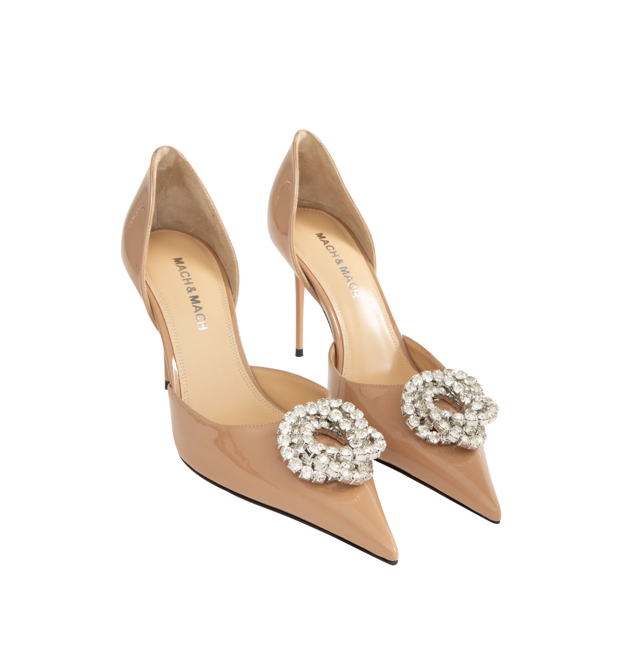Image 2 of 4 - NEUTRAL - Mach Mach Women's Galaxy 95 D'Orsay Pumps are crafted from patent leather and feature an elegant D'Orsay silhouette with a pointed toe. Designed with a crystal-embellished Galaxy buckle detail, slip-on construction, leather lining, and a 95mm stiletto heel for a refined statement finish. Main Material: Patent Leather.