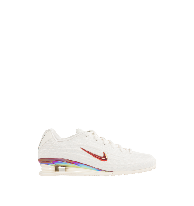 Image 1 of 5 - WHITE - NIKE Shox Z SE Sneaker featuring low-profile, slim, stitchless upper, iconic column design, vibrant Nike Swoosh, metallic accents and a modified, circular Waffle outsole.