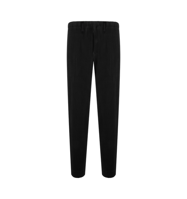 Image 1 of 3 - BLACK - Issey Miyake Mens Straight Pants are crafted from lightweight polyester. Feature a straight-leg silhouette, elasticized drawstring waistband, button fly, side pockets, quick-drying fabric, and light-reactive finish that creates a dimensional appearance. Main Material: 100% Polyester. Made in Japan.