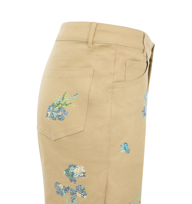 Image 3 of 3 - BROWN - LIBERTINE BLuebell Lane Cropped Pant featuring wide leg, classic fit, zipper closure, 5 pocket style, belt loops at waist, cropped and embroidered flowers throughout. 97% cotton, 3% elastane.