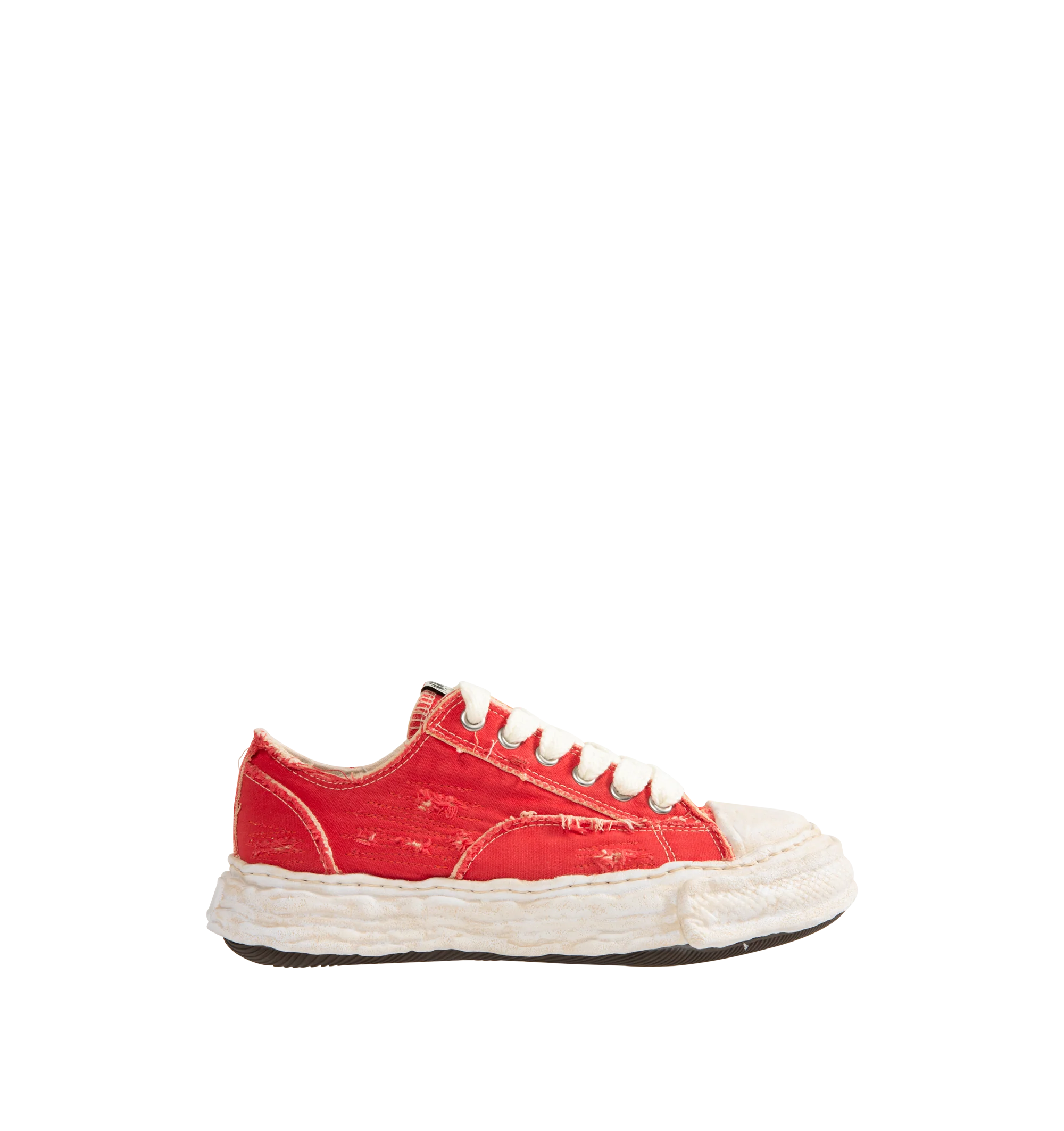 Image 1 of 5 - RED - Maison Mihara Yasuhiro Men's Peterson23 Sneakers feature the brand's signature hand-sculpted OG sole, a ripped overdye canvas upper, and a relaxed low-top silhouette for a bold contemporary look. Designed for the Spring/Summer 2026 collection, these designer sneakers combine Maison Mihara Yasuhiro's experimental aesthetic with a wider fit, layered overdye finish, distressed detailing, and a three-dimensional rubber toe cap that echoes the sculptural sole. Intentional fading and distress