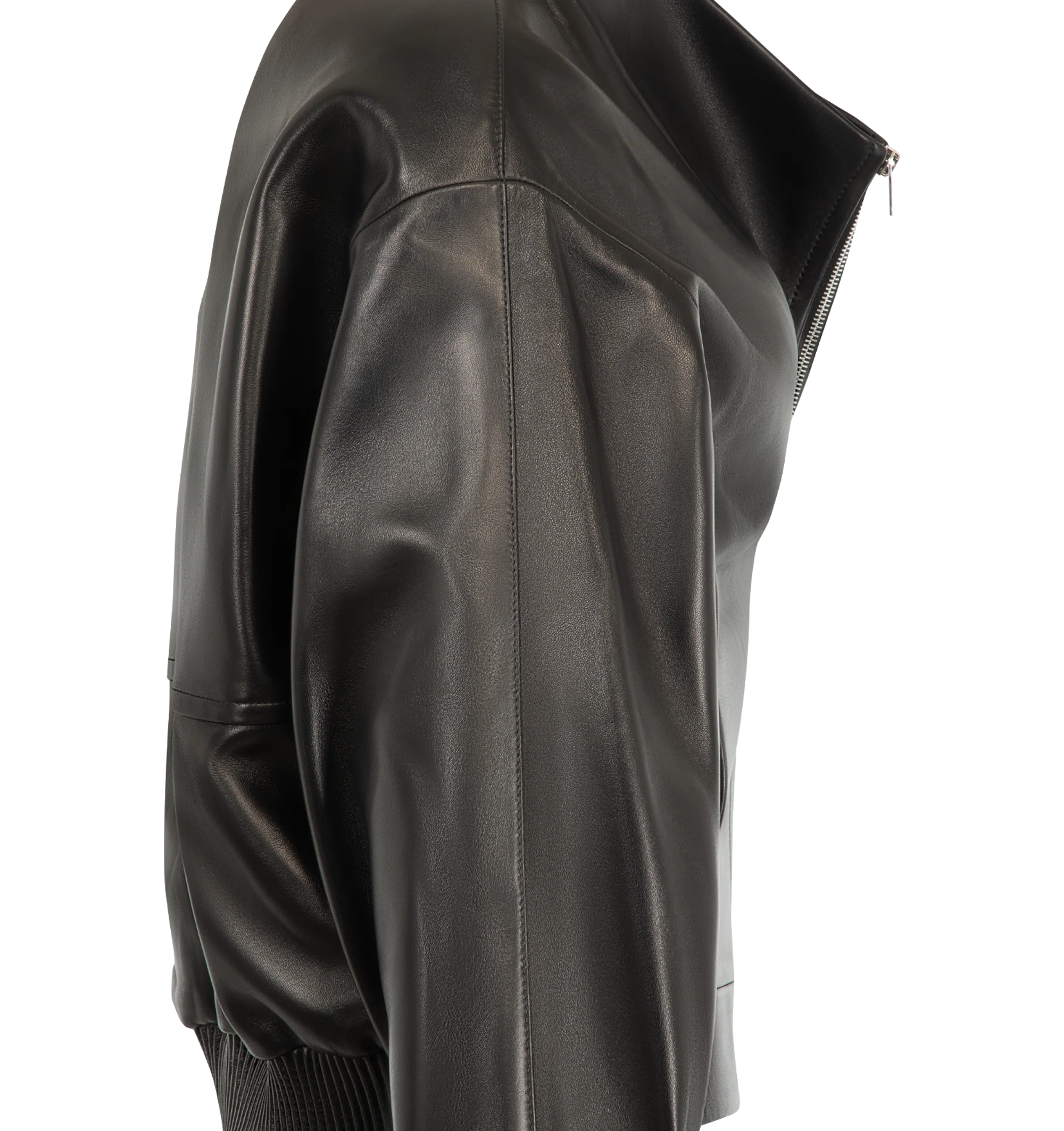 Image 3 of 3 - BLACK - Khaite Women's Leather Ixin Jacket is crafted from lambskin leather and features a relaxed, cropped silhouette shaped by a funnel neckline. Designed with a two-way zip closure, elasticated hem, fitted cuffs, and on-seam pockets. Main Material: 100% Lambskin Leather Made in Italy.