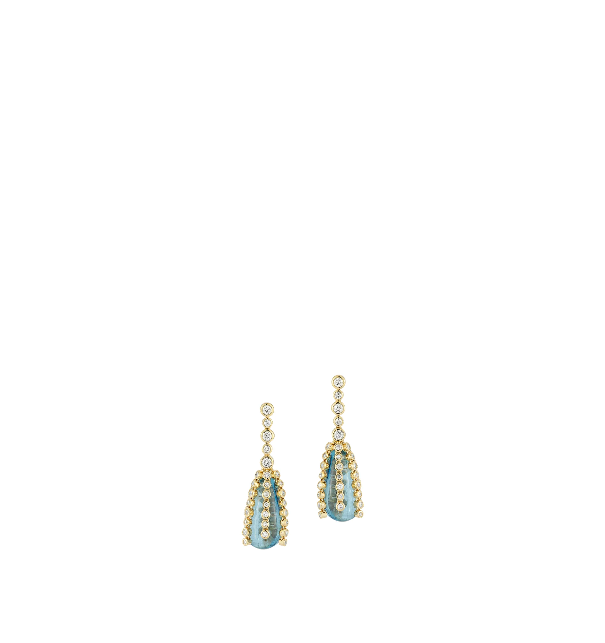 Image 1 of 2 - GOLD - Renna Women's Storm Drop Earrings Large are crafted in 18K yellow gold and feature luminous aquamarine gemstones suspended beneath brilliant-cut diamonds, creating graceful movement and refined elegance. These designer fine jewelry earrings combine exceptional craftsmanship with a sculptural silhouette, making them a striking statement for special occasions or elevated everyday wear. Main Material: 18K Yellow Gold. Gemstones: Aquamarine, Brilliant-Cut Diamonds.For personal consultation