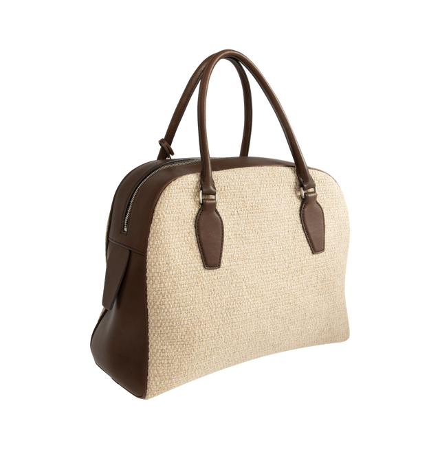 Image 2 of 3 - BROWN - THE ROW India 12 Canvas Bag featuring bowling bag in heavy cotton canvas with tubular leather handles, branded metal padlock and key, and zipper closure. 35% linen, 30% calfskin leather, 25% cotton, 5% polyamide, 5% polyester. Lining: 100% linen. Made in Italy.
