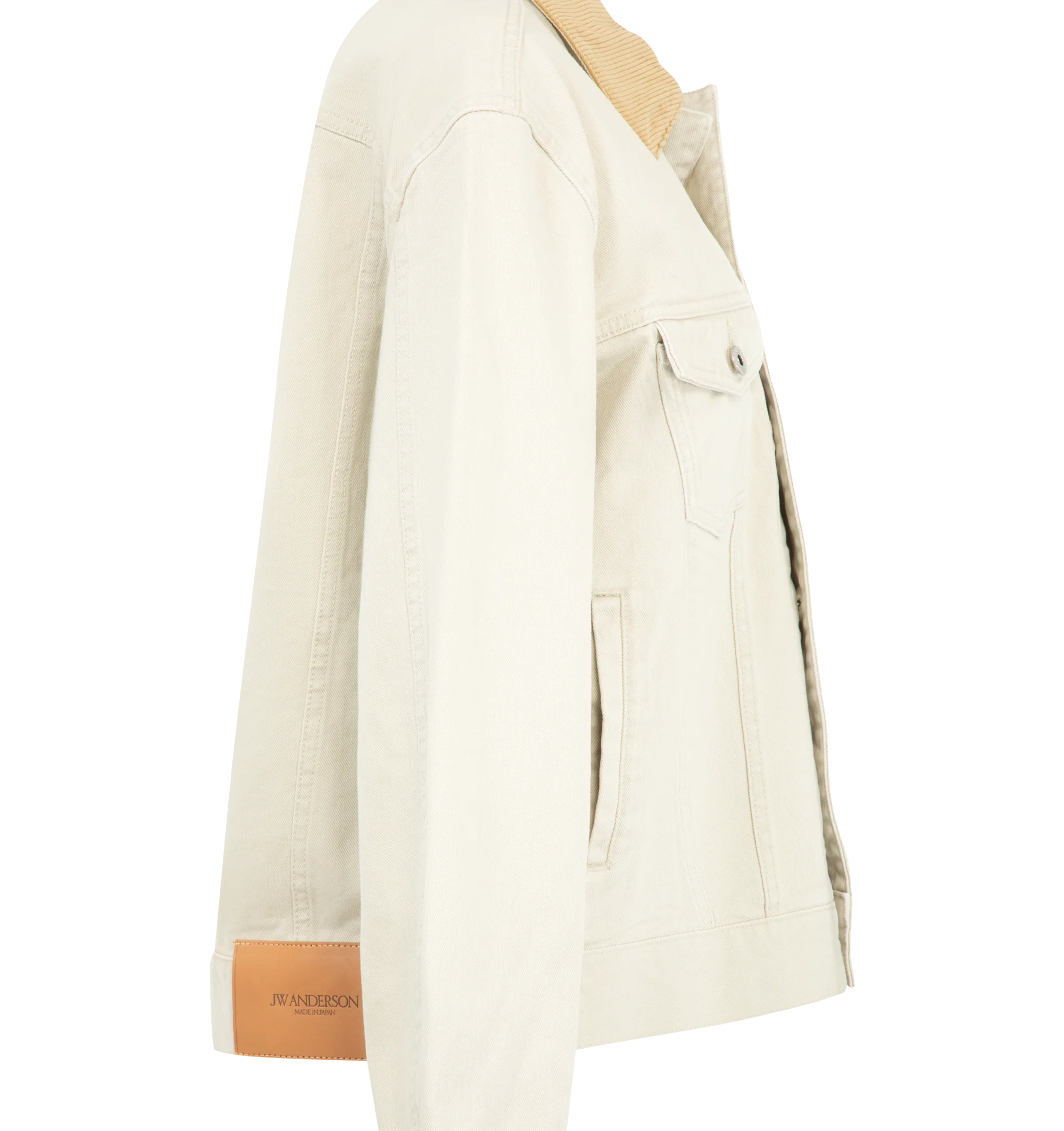 Image 3 of 3 - NEUTRAL - JW Anderson Women's Corduroy Collar Denim Jacket is crafted from Japanese cotton denim and features a relaxed workwear-inspired silhouette with a contrasting corduroy collar. Developed in collaboration with expert Japanese denim makers, the jacket is designed with a twisted patch pocket, engraved metal shank buttons, and a leather logo patch for a refined heritage finish. Main Material: 100% Cotton. Contrast: 100% Cotton. Pocketing: 100% Cotton. Made in Japan. 