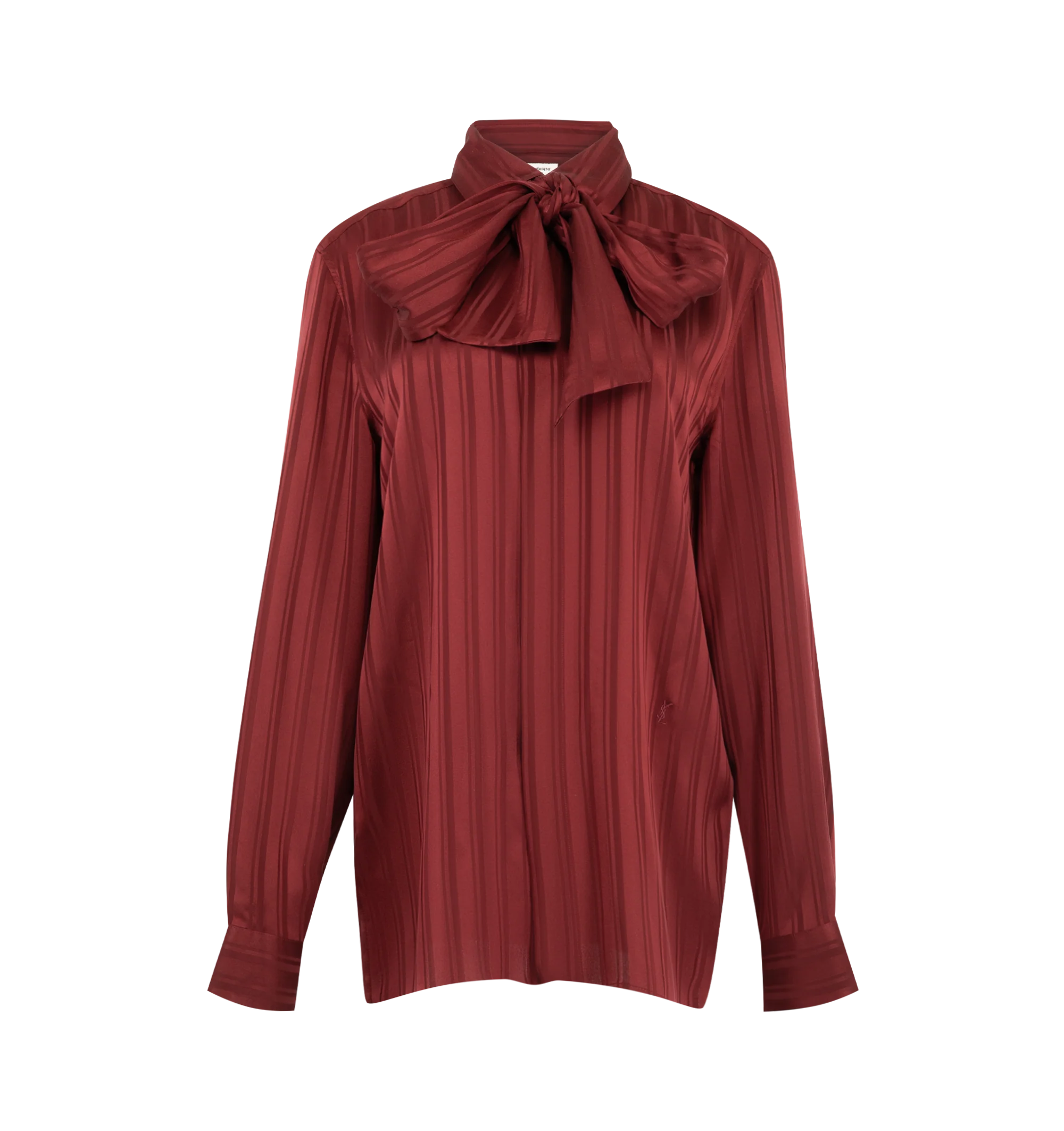 Image 1 of 2 - RED - Saint Laurent Womens Oversized Blouse is crafted from certified silk and features a lavallire collar with tonal Cassandre embroidery at the hip. Designed with a concealed button-front closure and one-button mitered cuffs. Main Material: Certified Silk. Made in Italy.