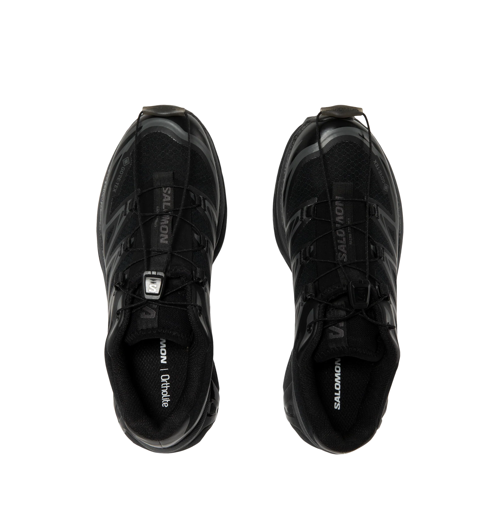 Image 5 of 5 - BLACK - Salomon Men's XT-6 GORE-TEX Sneakers are crafted with a lightweight textile upper and feature waterproof GORE-TEX protection, the brand's Agile Chassis System, and Quicklace technology for a secure, precise fit. Originally developed for ultra-distance trail running, these designer sneakers combine superior cushioning, stability, and all-terrain grip with Salomon's signature technical aesthetic, making them ideal for both outdoor performance and everyday wear. Main Material: Textile an