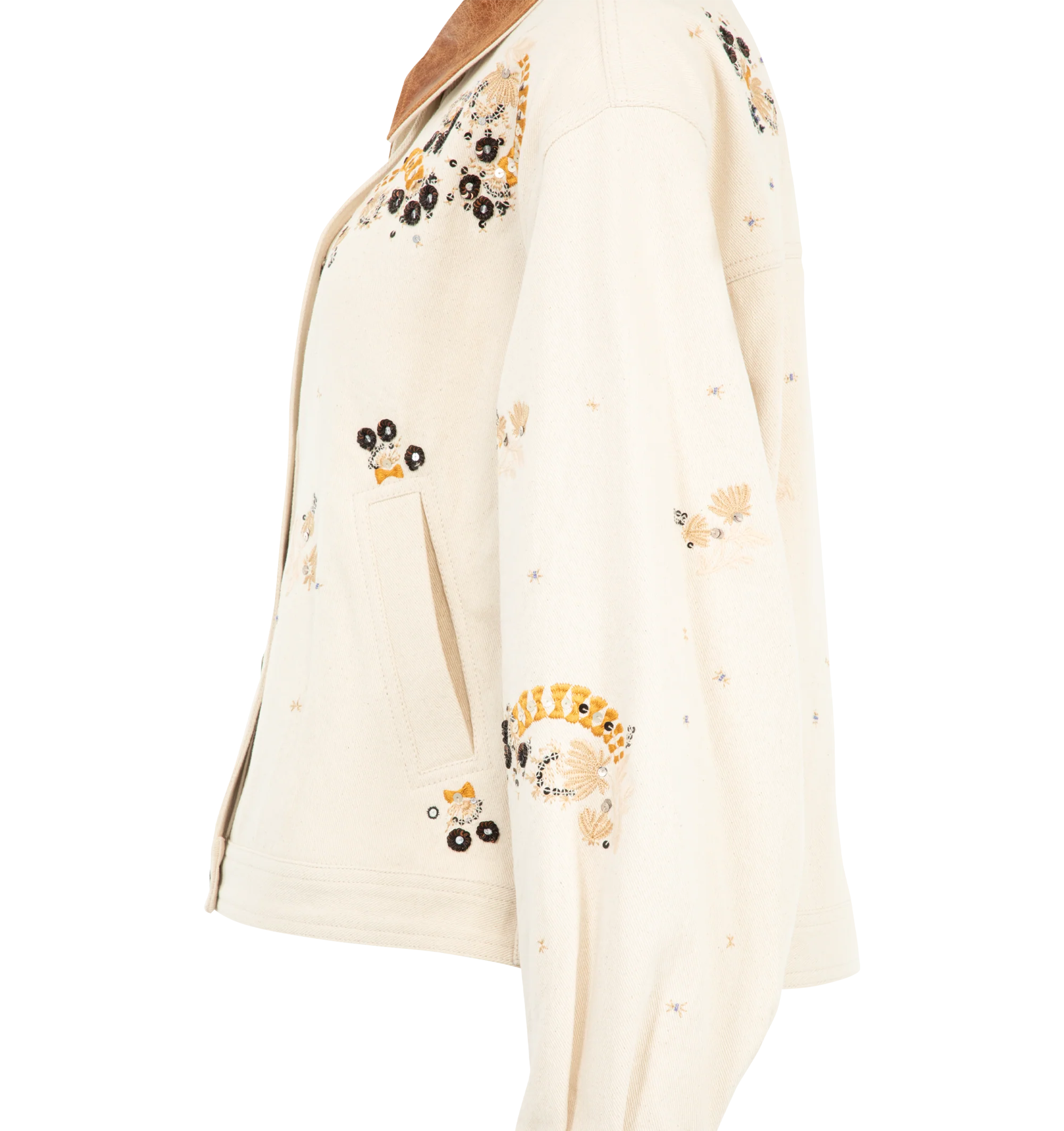 Image 3 of 3 - NEUTRAL - Isabel Marant Women's Lavine Barn Jacket is crafted from ecru cotton denim and features allover floral embroidery and sequin embellishments. The relaxed silhouette is finished with a contrasting crinkled-leather spread collar, front button closure, and welt pockets. Main Material: 100% Cotton. Trim: Leather.