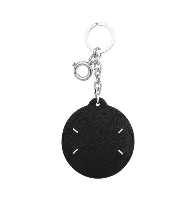 Image 2 of 3 - BLACK - MAISON MARGIELA Circular Keychain featuring grained and buffed calfskin keychain, slot with removable mirror, logo embossed at face, stitching at back face and clasp and keyring at top. H3.25 x W3.25. Calfskin. Made in Italy.