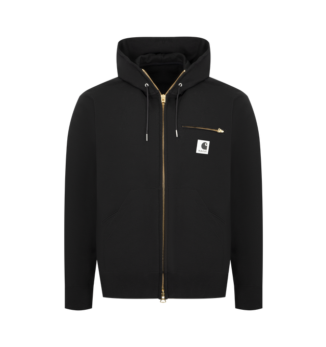 Image 1 of 2 - BLACK - SACAI X CARHARTT Cotton Zip Jacket featuring hood, zip closure, long sleeves, two front pockets, chest zip pocket, contrasting logo patch at the front and straight hem. 100% cotton. Made in Japan.