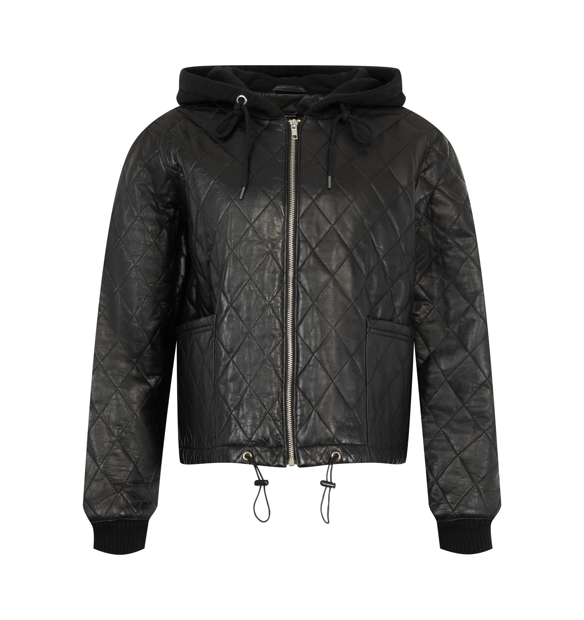 Image 1 of 3 - BLACK - R13 Women's Quilted Leather Jacket with Hood is crafted with a quilted construction and features a zip-front silhouette layered with a contrasting hooded insert. Designed for versatile everyday wear, the jacket combines lightweight insulation with a casual layered look. Main Materials: 100% Lamb Leather, Lining: 100% Polyester.