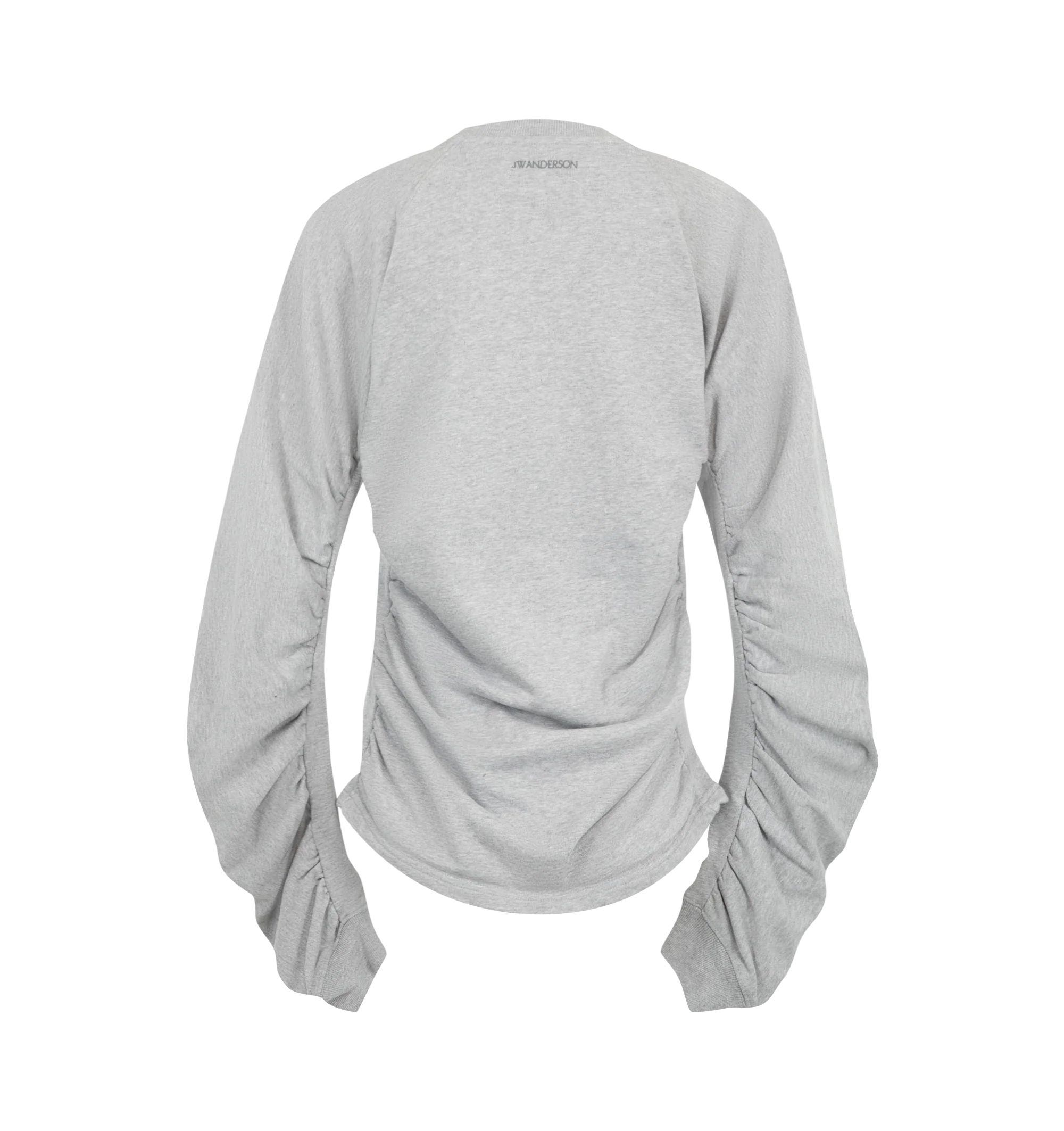 Image 2 of 2 - GREY - JW Anderson Women's Ruched Sleeve Sweatshirt is crafted from cotton and features a relaxed silhouette inspired by an archival SS24 knitwear design. Designed with a classic round neckline, distinctive ruched sleeves, and logo embroidery at the back neck that adds a subtle signature finish. Main Material: 100% Cotton. Trim: 100% Cotton. Made in Portugal.