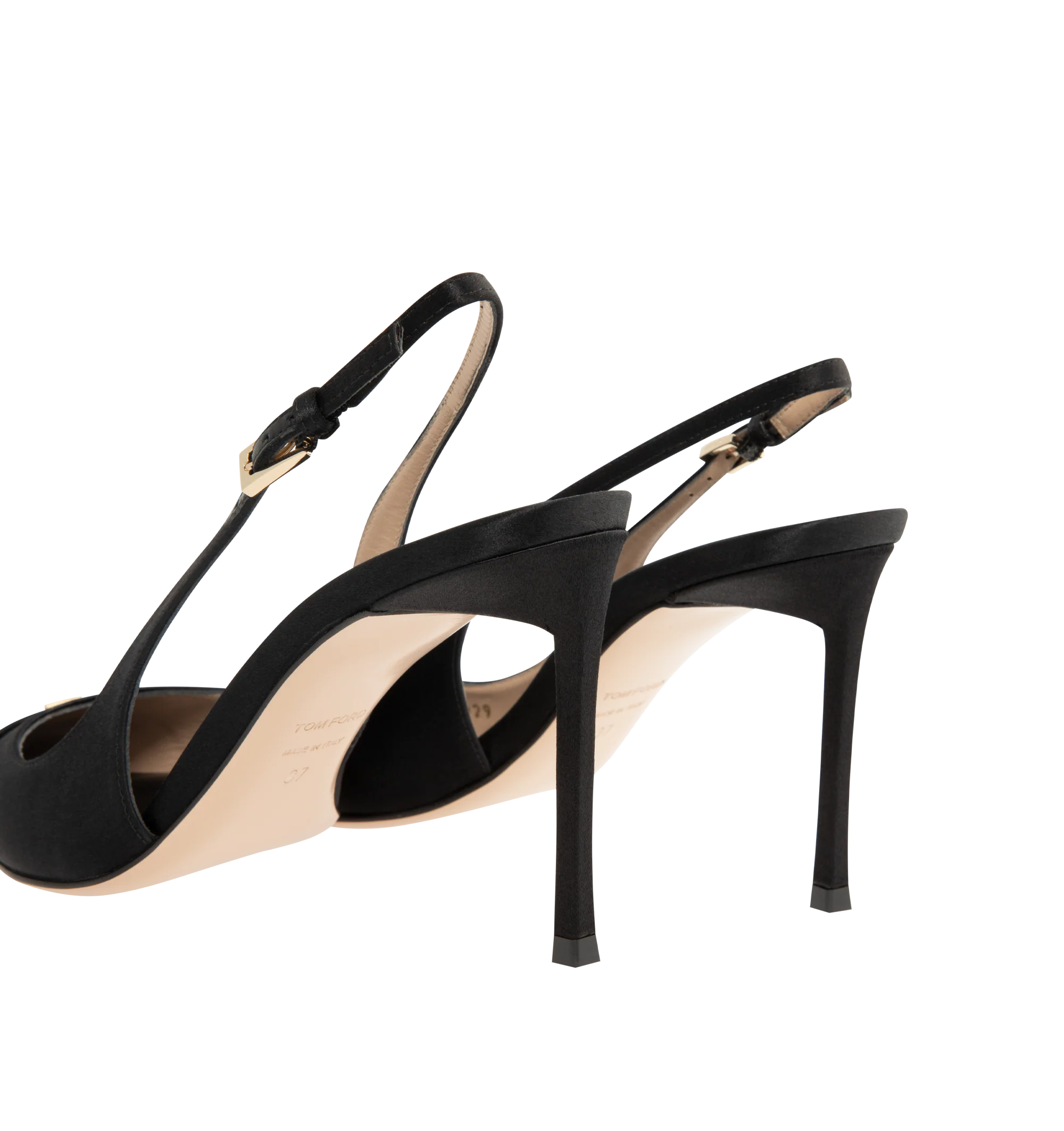 Image 3 of 4 - BLACK - Tom Ford Womens Thea Slingback Pumps are crafted from satin with Swarovski crystal embellishments. Feature a pointed toe with signature pale gold-tone T metal detail, adjustable slingback strap, stiletto heel, and leather sole. Heel Height: 8.5 cm. Main Material: 68% Viscose, 32% Silk; Embellishment: Swarovski Crystals; Sole: Leather. Made in Italy.