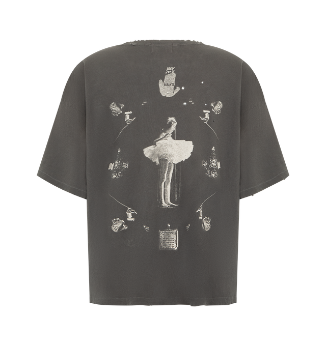 Image 2 of 3 - BLACK - Enfants Riches Deprimes 13 Bed of Nails short sleeve T-shirt crafted from light weight vintage texture cotton jersey. Featuring a boxy oversize fit, rib knit neckline, single stitch hem at cuffs and waist, raw hem at front waist, vintage wash process and distressing throughout, and printed artwork at the front and back. Made in USA. 