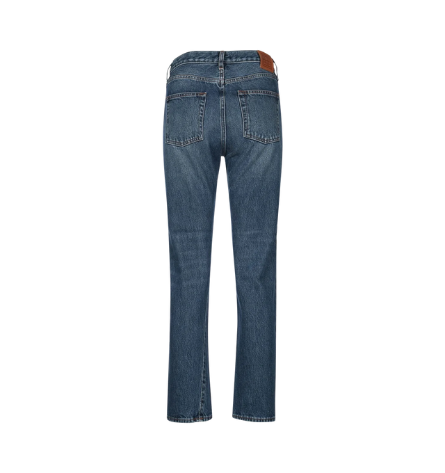 Image 2 of 2 - BLUE - TOTEME Twisted Seam Jeans featuring directional side seams, ankle-length silhouette, relaxed, straight-tapered shape, zipper fly, silver-tone hardware, five pockets, belt loops, finished hem and leather patch. 100% organic cotton.