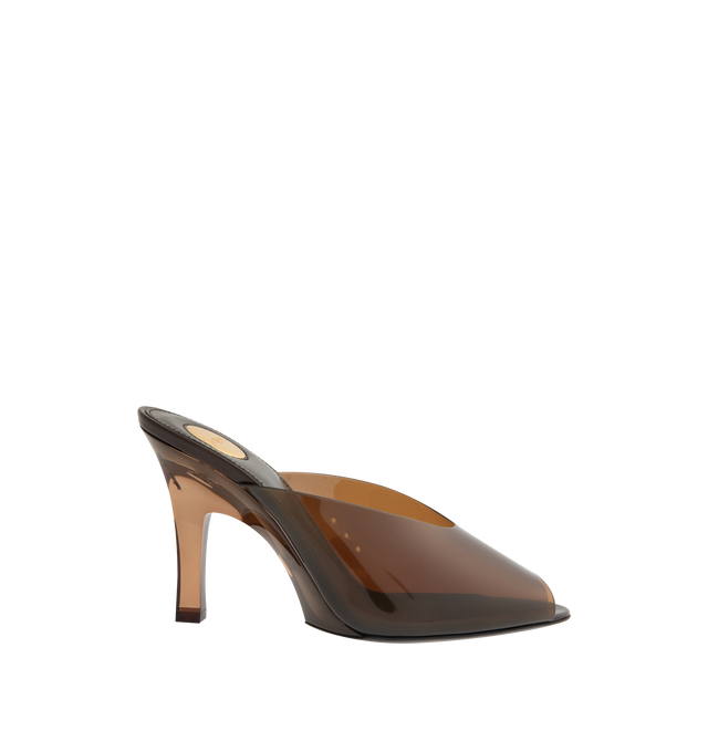 Image 1 of 4 - BROWN - SAINT LAURENT Sabrina Mules in TPU featuring translucent peep-toe mules with an almond toe, a plexiglas heel with embedded bronze-tone logo and leather sole. 3.3 inch heel. Polyurethane. Made in Italy.