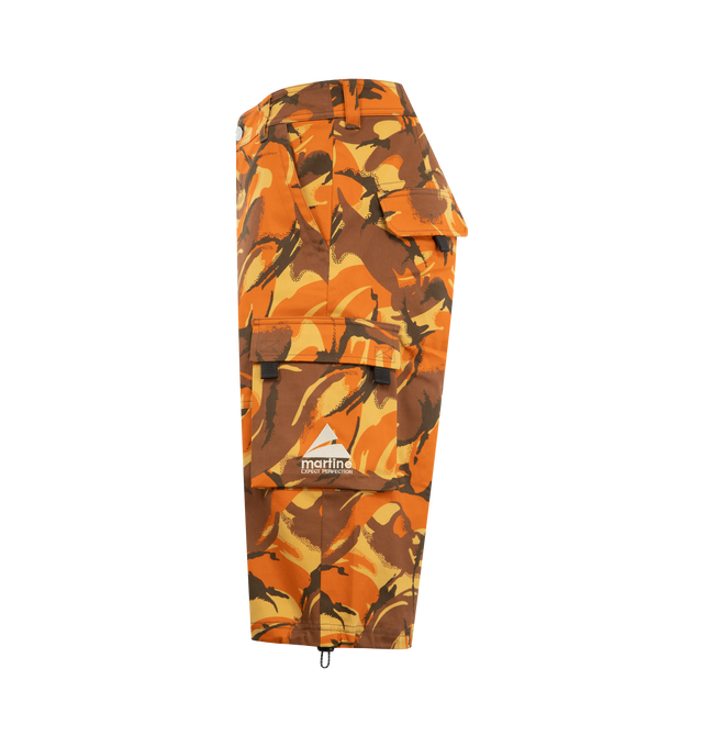 Image 3 of 3 - ORANGE - MARTINE ROSE Utility Shorts featuring cotton canvas, camouflage print, belt holes, zip and button closure, cargo pockets, logo embroidery and knee-length. 100% cotton. Made in Italy. 