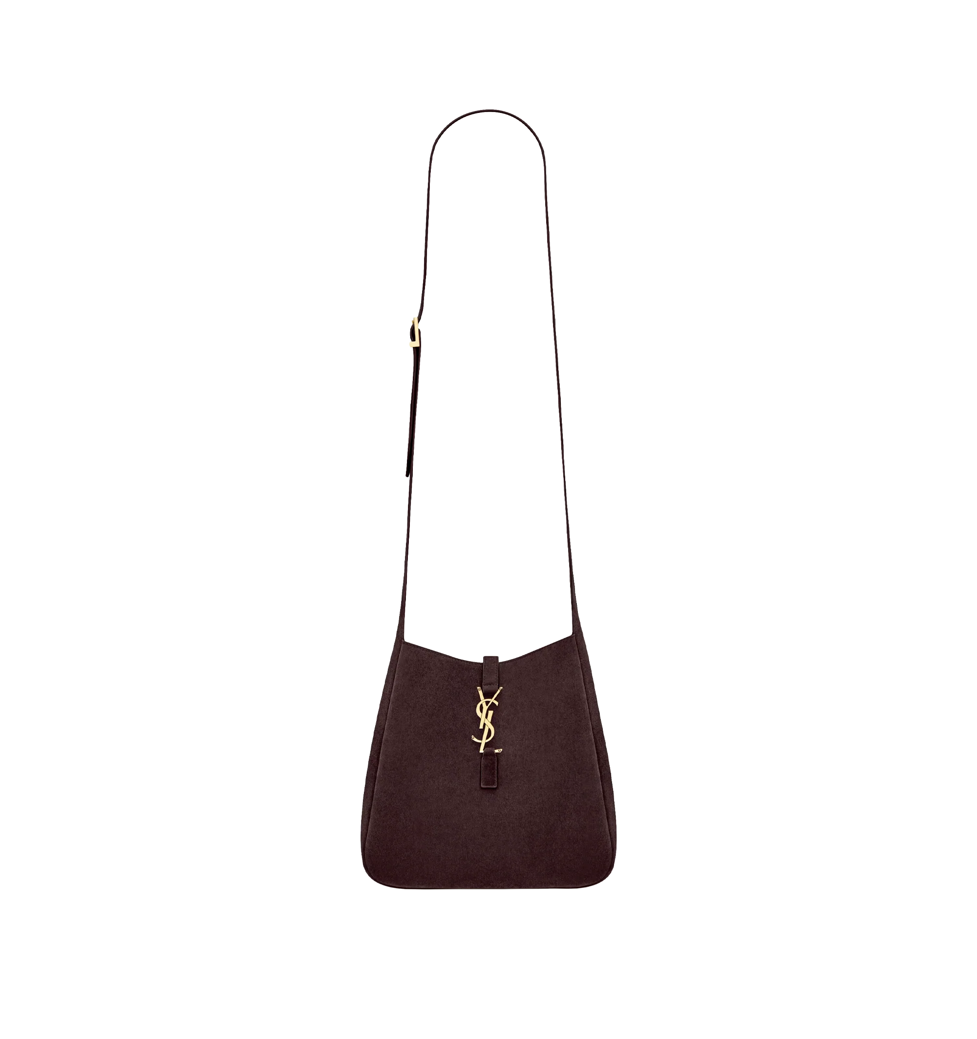 Image 1 of 5 - BROWN - Saint Laurent Women's Le 5 7 Supple Crossbody Bag is crafted from calfskin suede with a tonal suede lining. The spacious silhouette features bronze-tone hardware, a Cassandre hook closure, a removable zip pouch, and an adjustable strap for crossbody carry. Fits a large phone, wallet, sunglasses, and keys. Main Material: Calfskin Leather. Hardware: Brass. Dimensions: 22.5 x 23 x 8.5 cm / 8.9 x 9.1 x 3.3 in. Strap Drop: 50 cm / 19.7 in. Made in Italy.
