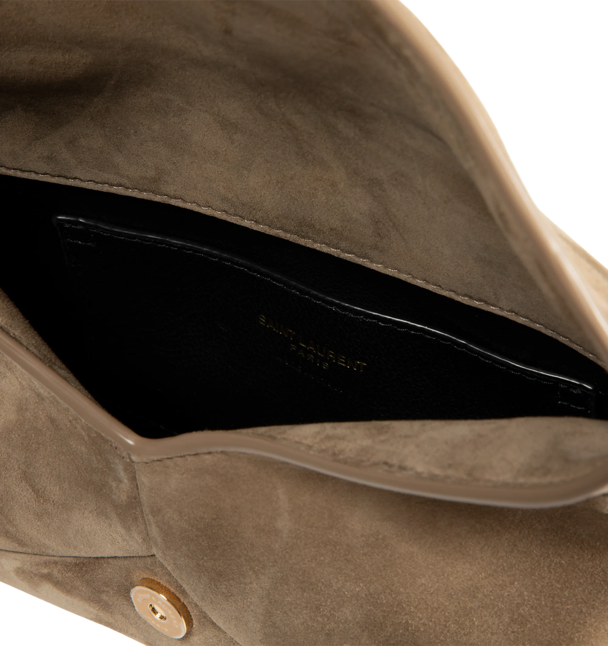 Image 3 of 3 - NEUTRAL - Saint Laurent Womens Chain Pouch is crafted from suede calfskin. Features signature Cassandre logo, magnetic closure, stowable cable-chain shoulder strap, leather lining, one interior card slot, bronze-tone hardware, and dimensions: 19 13 4.5 cm (7.5 5.1 1.8 in) with a 47 cm (18.5 in) strap drop. Main Material: Calfskin Leather; Lining: Leather; Hardware: Brass. Made in Italy.