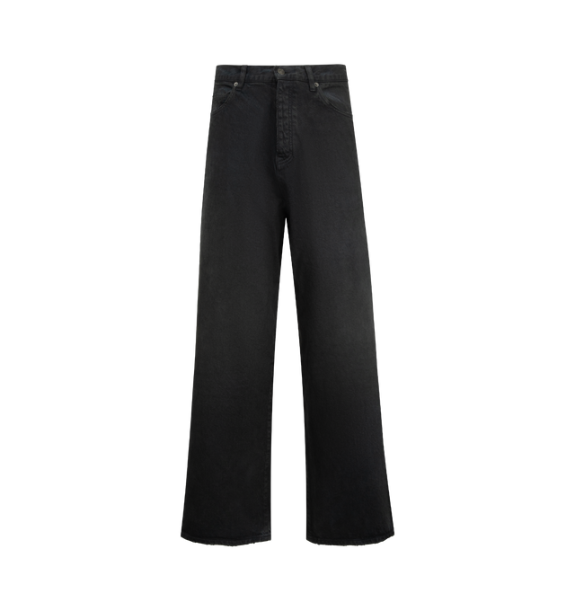 Image 1 of 3 - BROWN - BALENCIAGA Casual Pants featuring Japanese cotton denim, mid-rise waist, covered button fly, 5 belt loops, 5 pockets, Balenciaga engraved flex buttons, Balenciaga logo leather jacron at back and frayed hem. 100% cotton. Made in Japan.