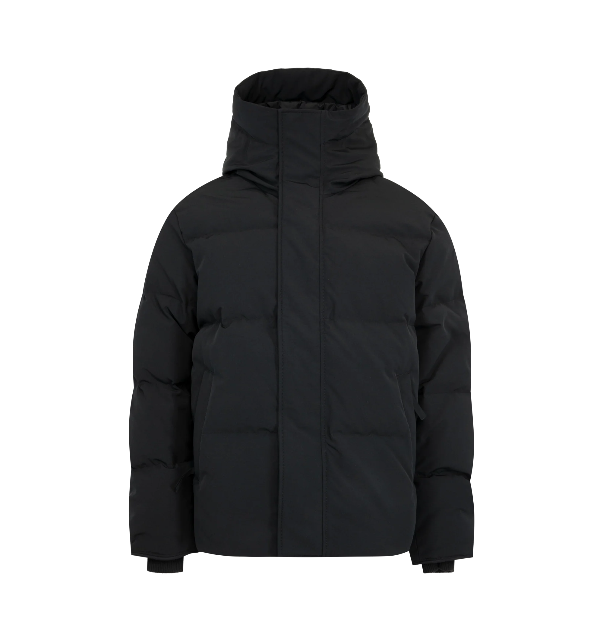 Image 2 of 4 - BLACK - Canada Goose Men's Seymour Parka is crafted from Recycled Organic Arctic Tech and features a quilt-through construction designed for protection in extreme cold-weather conditions. The parka is equipped with an adjustable snorkel hood, a tricot-lined chin guard, and a concealed snap placket over a front zip closure for enhanced coverage. Functional details include interior backpack straps for hands-free carrying, recessed rib-knit cuffs reinforced with CORDURA, two exterior zip pockets 