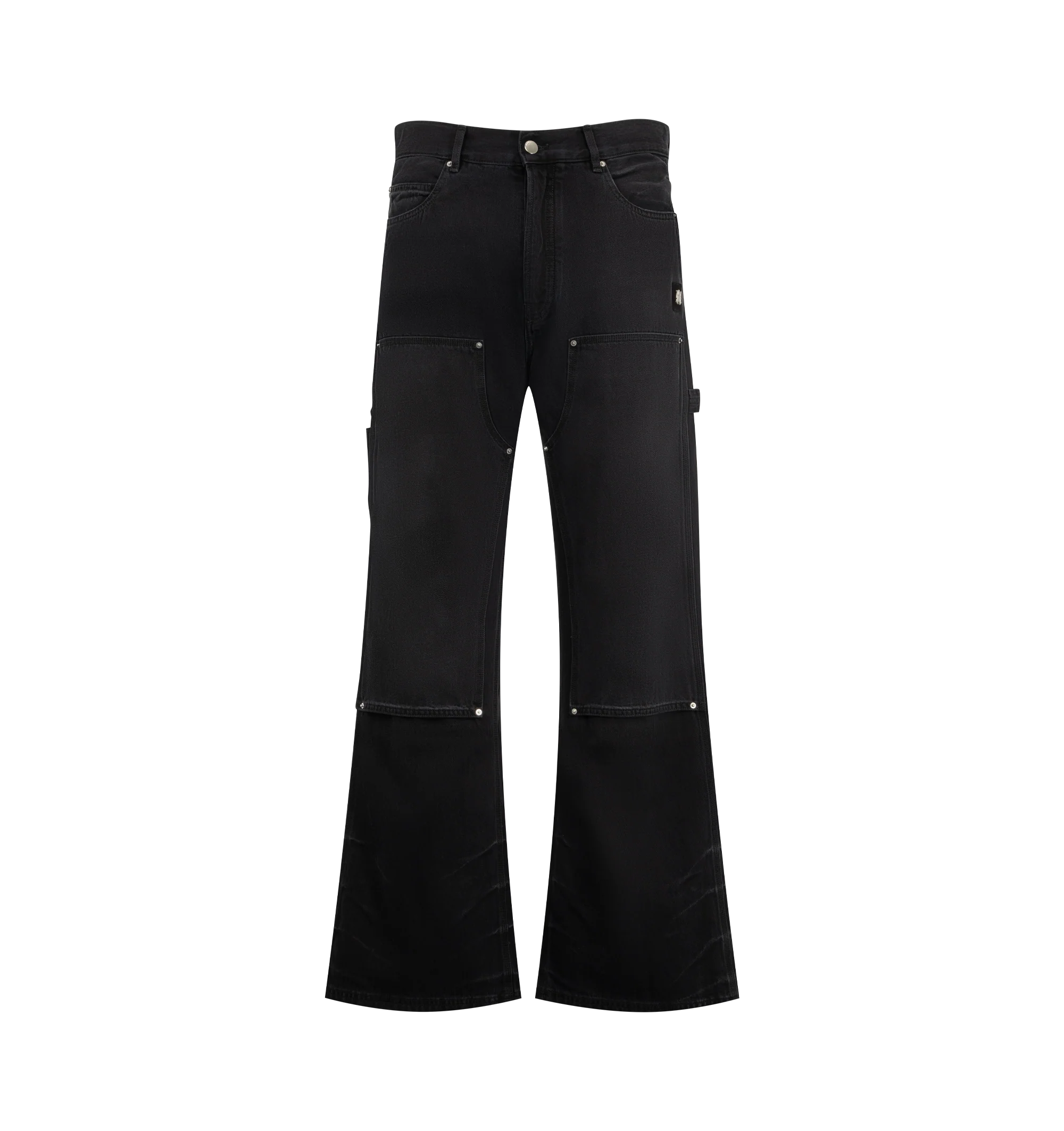 Image 1 of 4 - BLACK - Amiri Mens Lightweight Cotton Carpenter Jeans are crafted from cotton denim with lived-in washed and riveted front patches. Features a classic five-pocket construction, front patch panels, carpenter hammer loop, and zip-fly with button closure. Main Material: 100% Cotton. Made in Italy.