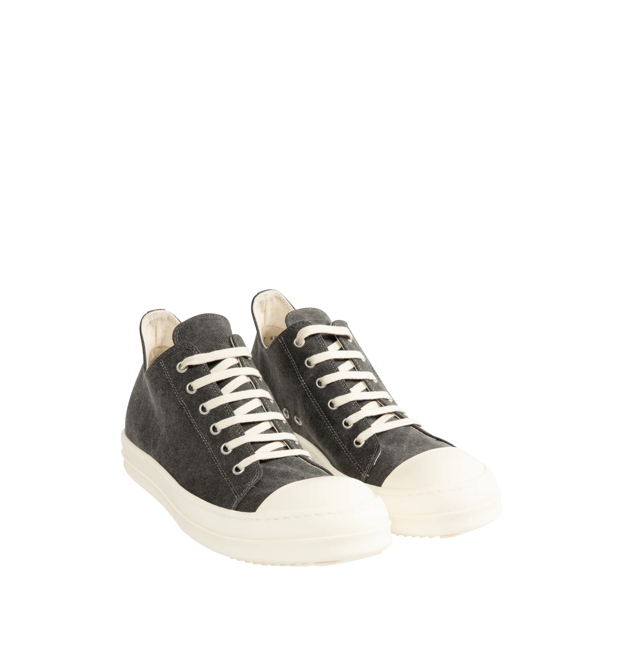 Image 2 of 5 - GREY - Rick Owens Men's DRKSHDW Low Top Sneaks Sneakers featuring canvas trainers with a rounded toe, tonal laces, contrast chunky sole, and contrast toe cap. Main Materials: Canvas textile. Rubber sole. Made in Italy.