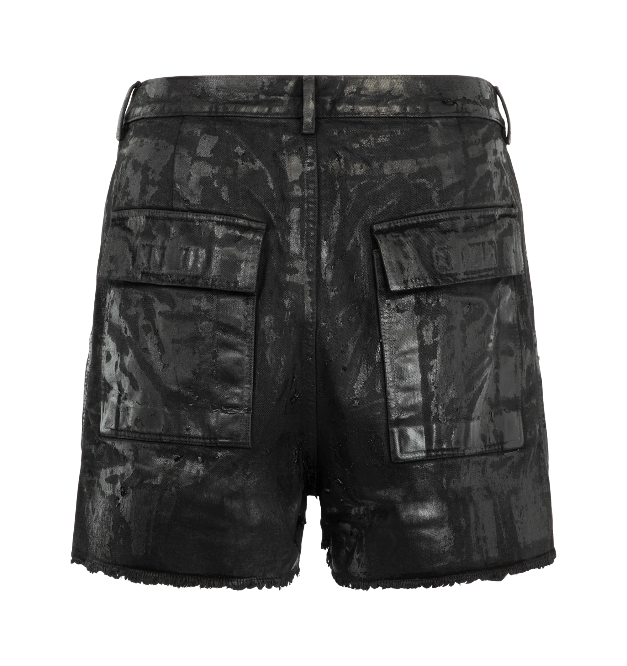 Image 2 of 3 - BLACK - Rick Owens Drkshdw Men's Bauhaus Shorts are crafted from 100% cotton denim and feature a frayed knee-length silhouette with a low dropped crotch, side pockets, signature round Bauhaus zip pockets at the front, and back pockets. Main Material: 100% Cotton Denim