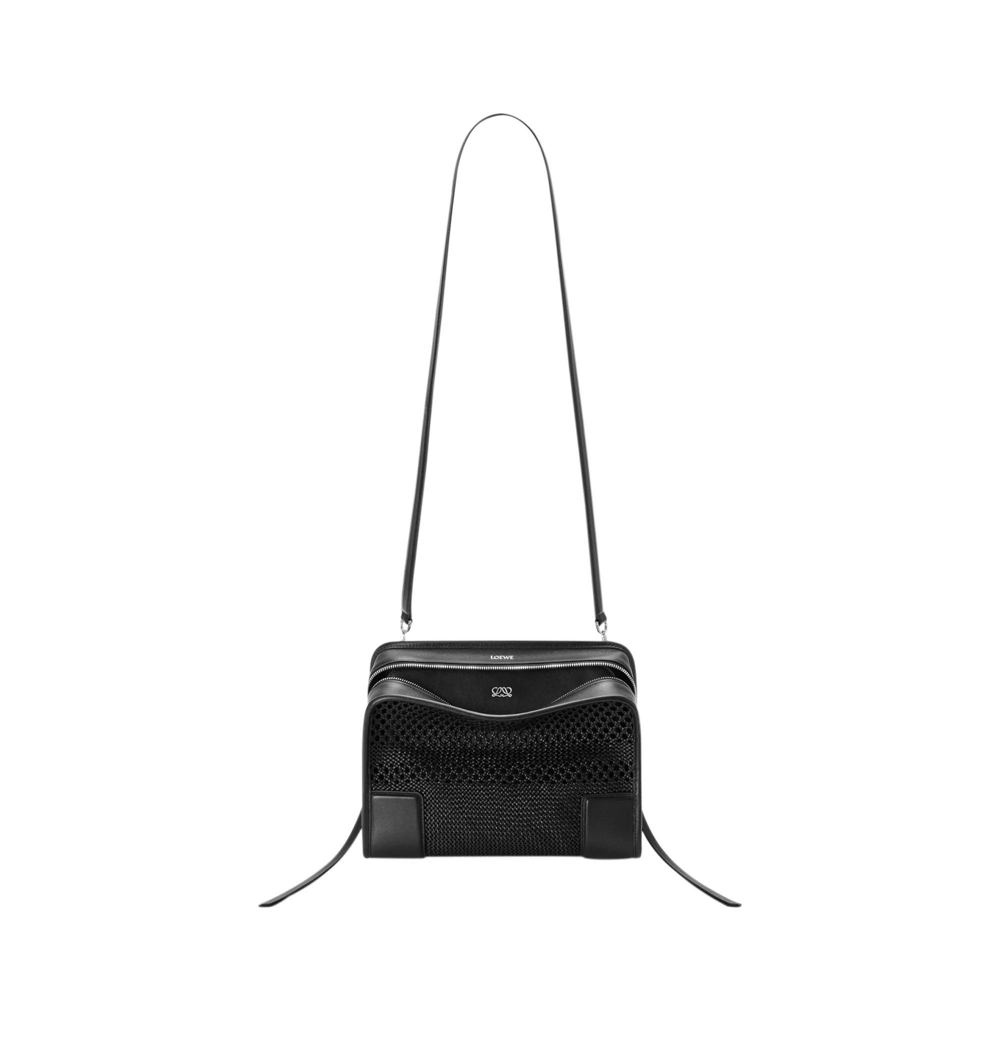 Image 8 of 14 - BLACK - Loewe Women's Medium Amazona 180 Bag is crafted from woven nappa calfskin and features a relaxed silhouette inspired by one of the house's iconic designs. Designed with a single Toron top handle and removable shoulder strap, it can be carried by hand, over the shoulder, or crossbody. A concealed magnetic closure, zip fastening with dual leather pullers, two compartments, an internal flat pocket, and a side D-ring provide functional organization. Finished with palladium-tone hardware, 