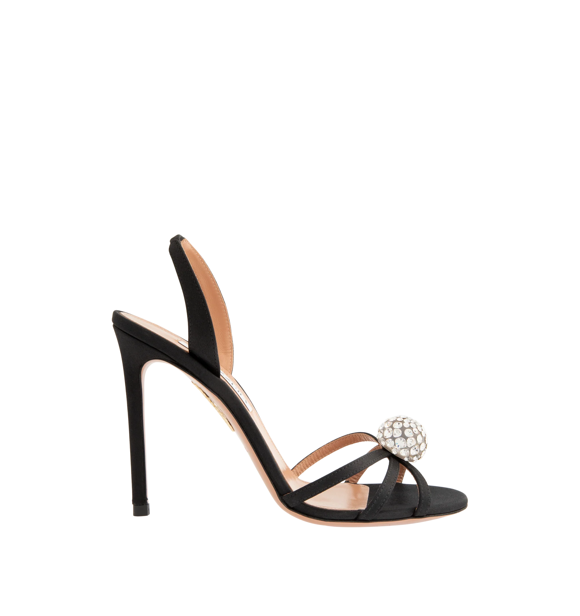 Image 1 of 4 - BLACK - Aquazzura Women's Crystal Bubble Sandal 105 is designed with slender straps embellished with shimmering crystal spheres for a striking, jewelry-inspired finish. Set on a sleek 85mm stiletto heel, these designer sandals feature a high-shine gold finish and an elasticated slingback strap for a secure, comfortable fit. Heel Height: 105 mm. Made in Italy.