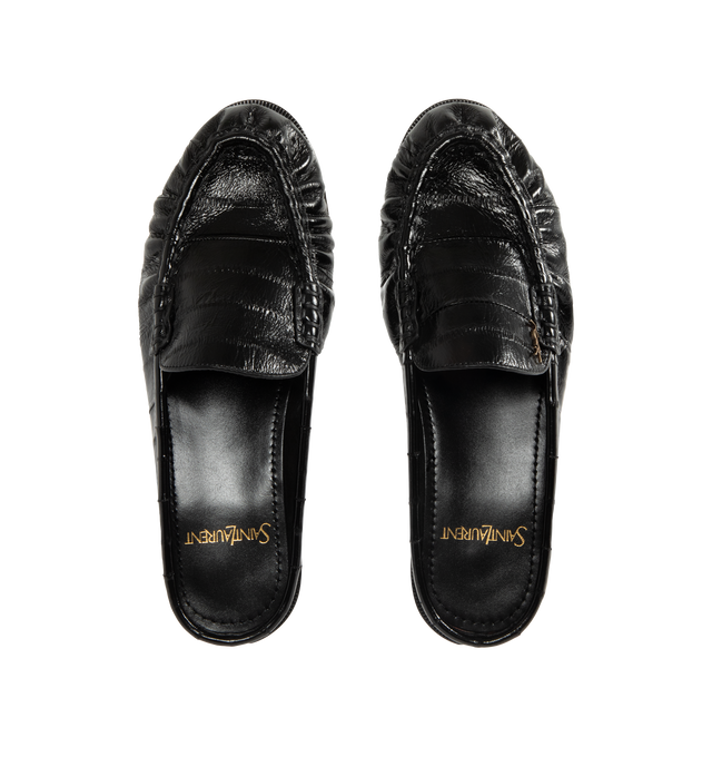 Image 4 of 4 - BLACK - SAINT LAURENT Le Loafer Mule featuring croc-embossed leather upper with leather sole, slip-on styling, cushioned leather footbed, signature penny loafer strap, cassandre at vamp and almond toe. Made in Italy.