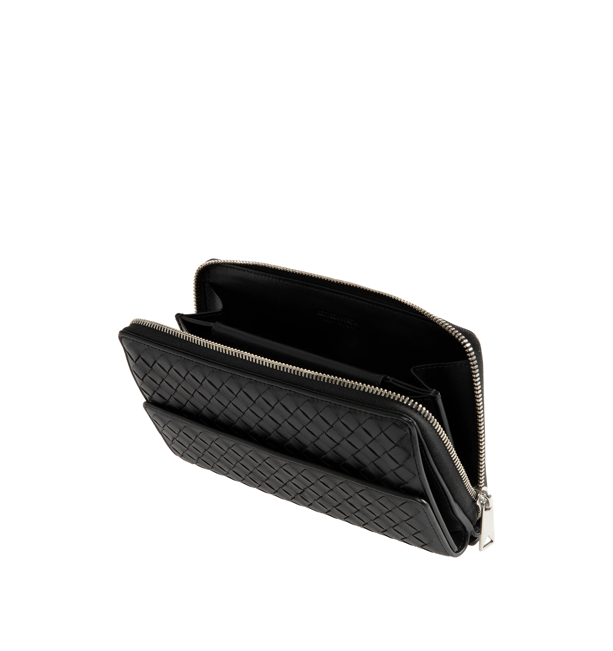 Image 3 of 3 - BLACK - Bottega Veneta Mens Zip-Around Organizer is crafted from Intrecciato piccolo calfskin leather. Features a zip-around closure, six card slots, two bill compartments, one coin pocket, one exterior pocket, calfskin lining, and silver-finish hardware. Main Material: Calfskin Leather; Lining: Calfskin Leather. Made in Italy.