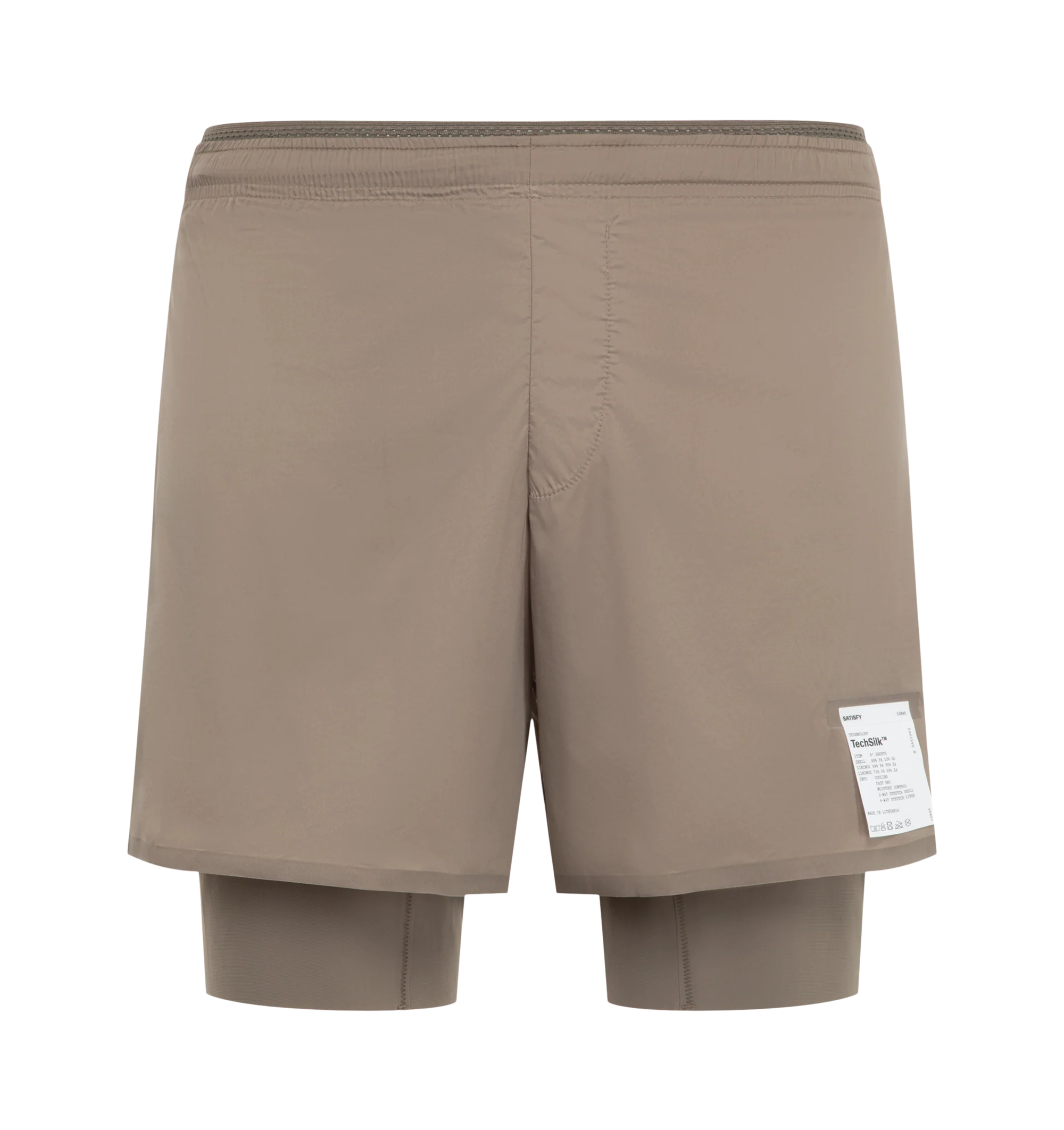 Image 1 of 3 - NEUTRAL - Satisfy Men's TechSilk 8" Shorts are crafted from lightweight French-engineered TechSilk and feature a 5-inch shell paired with an 8-inch Justice TechSilk Evo liner. Designed for long-distance performance, the fast-drying construction is enhanced with Coldblack treatment for cooling, odor control, UV protection, and four-way stretch. Functional details include a sweat-resistant hidden phone pocket, double waistband with internal drawcords, a mini S-Carabiner for keys, and reflectiv