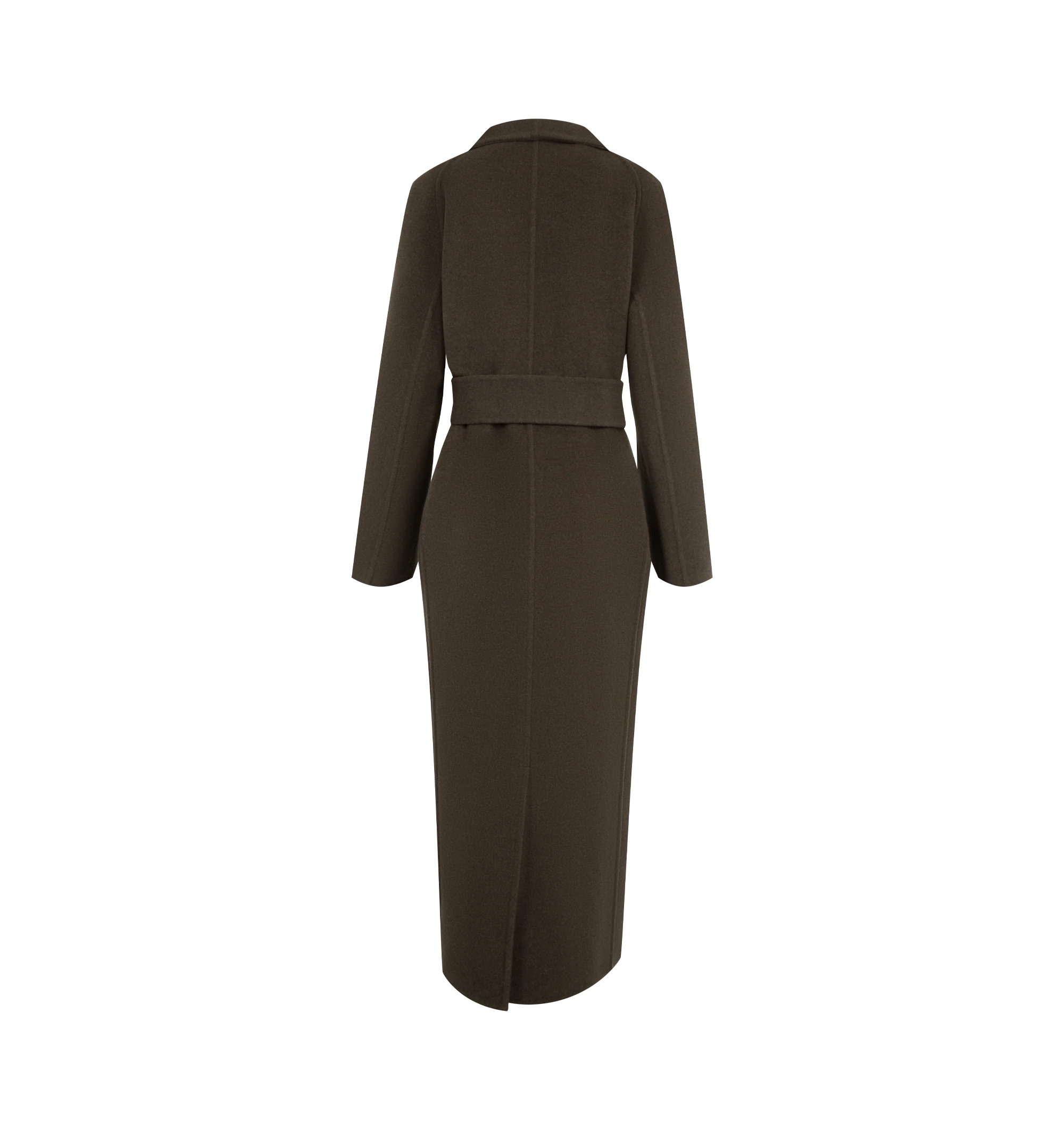 Image 2 of 3 - BROWN - Khaite Women's Wrap Coat is crafted from double-face wool and features an elongated wrap silhouette with a high stand collar, raglan sleeves, and a self-tie sash belt for a refined, architectural look. This designer wool coat combines exceptional craftsmanship with seasonless versatility, while the double-faced construction creates a clean, sculptural finish ideal for elevated everyday layering. Main Material: 100% Double-Face Wool.